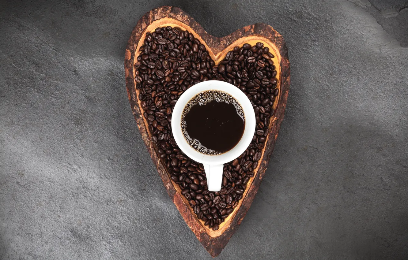 Photo wallpaper coffee, grain, Cup, love, hot, heart, cup, beans