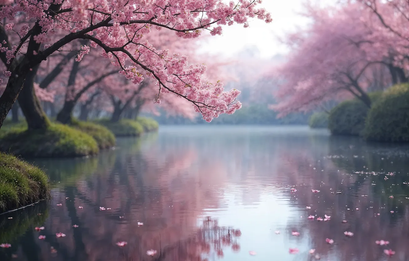 Photo wallpaper trees, Park, river, spring, Sakura, flowering, river, trees