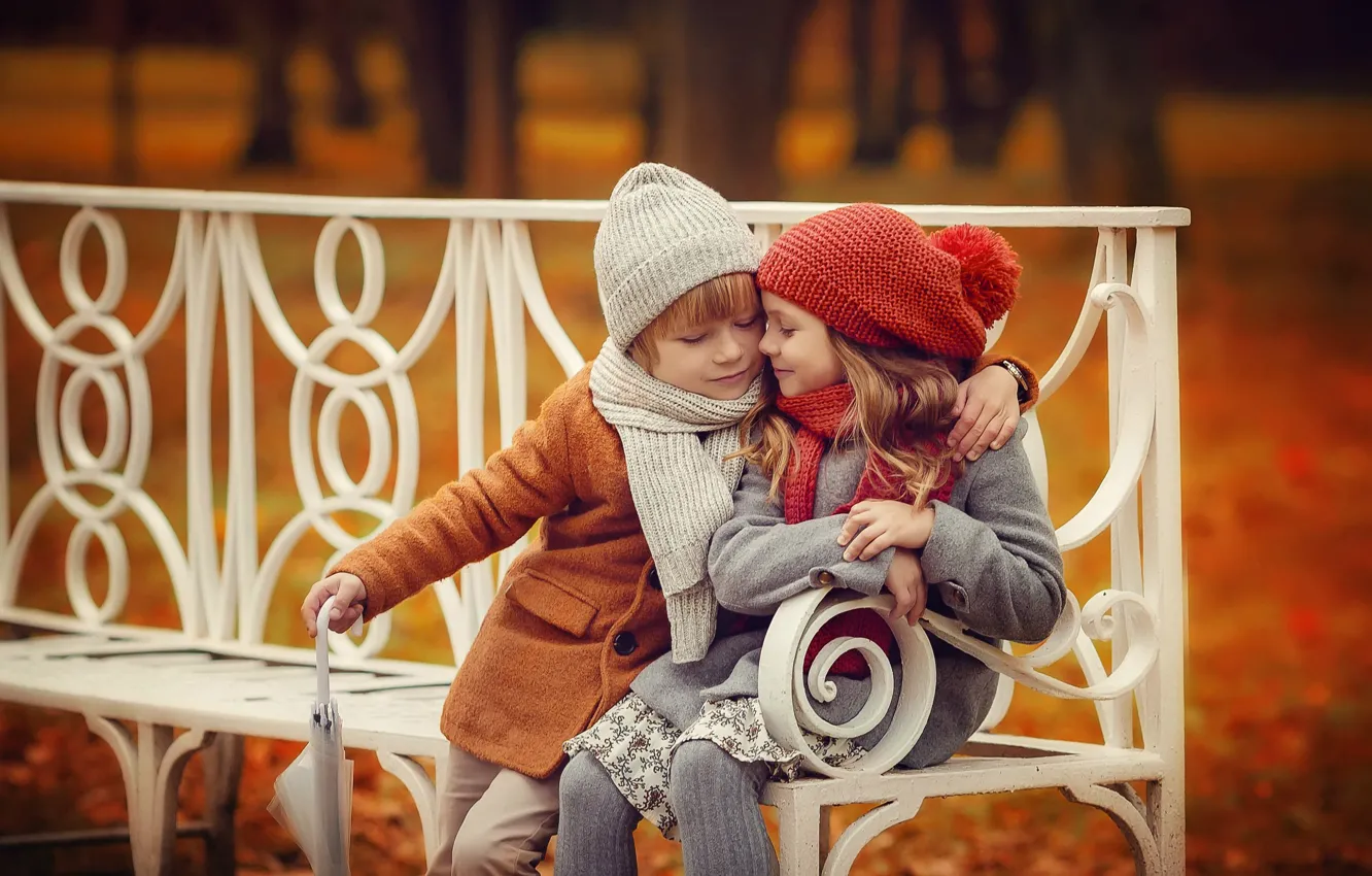 Photo wallpaper autumn, bench, children, boy, girl