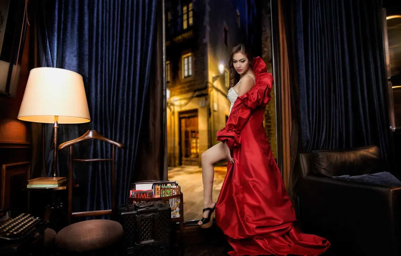 Photo wallpaper girl, room, brunette, Asian, red dress