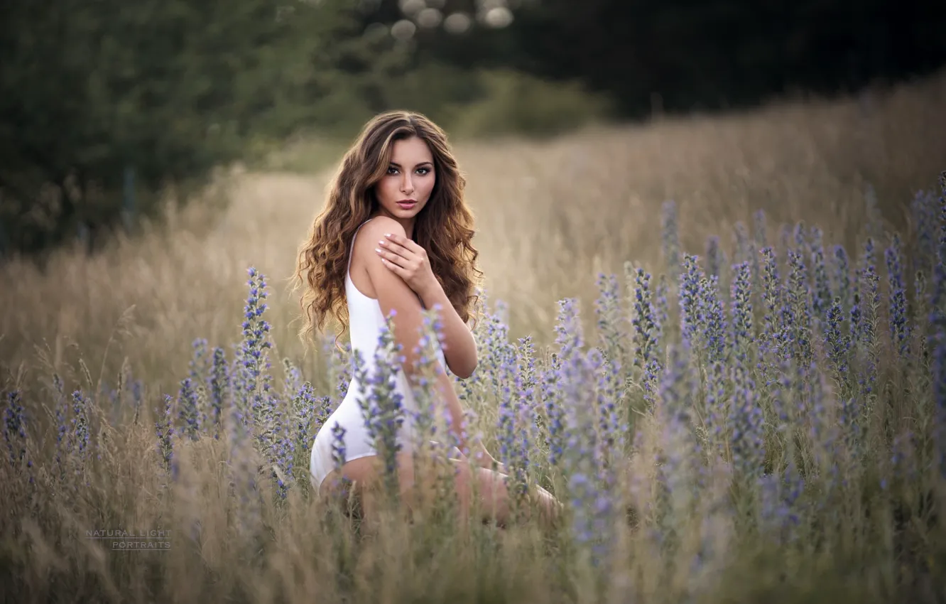 Photo wallpaper grass, girl, flowers, hairstyle, Robert Chrenka