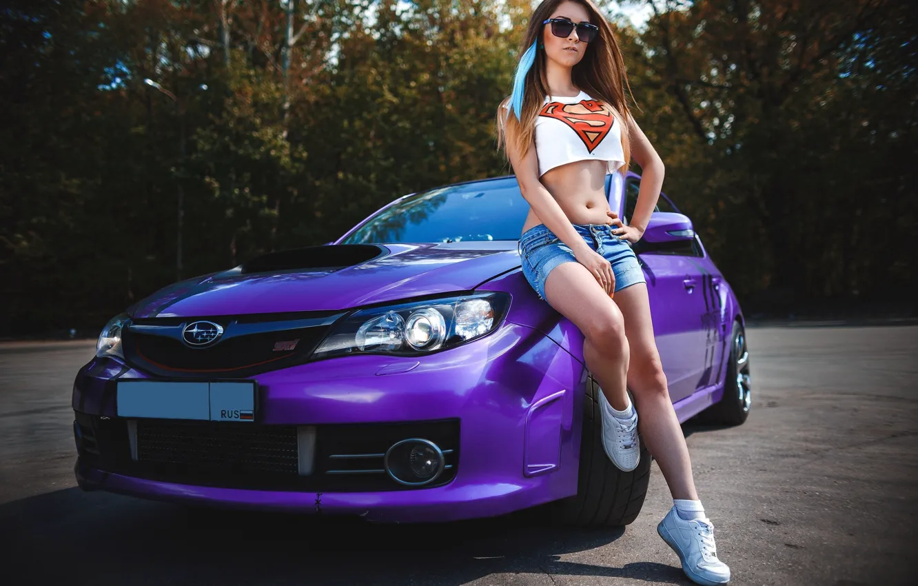 Photo wallpaper auto, look, girl, Subaru, glasses, beautiful girl