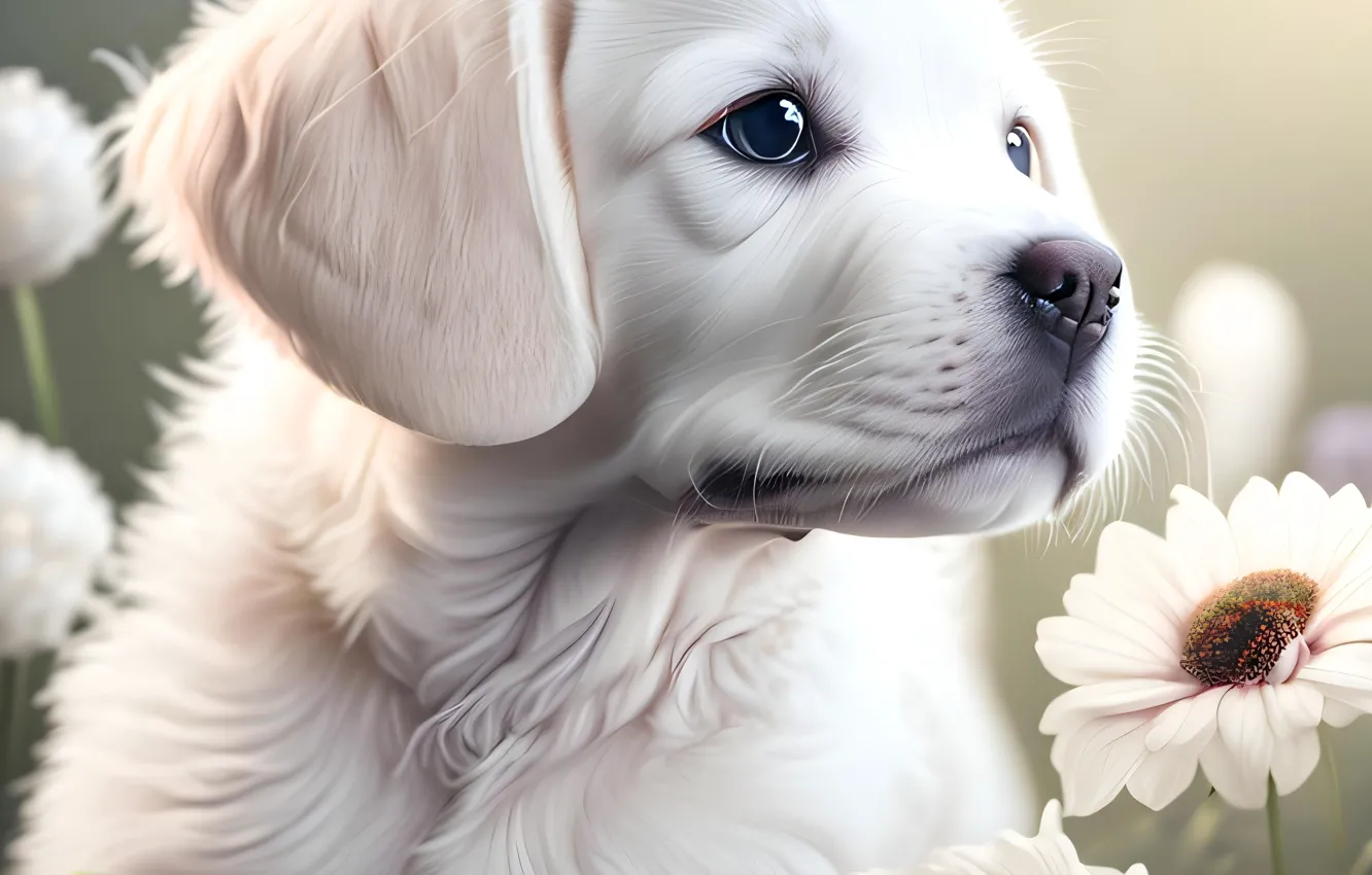 Photo wallpaper white, summer, look, flowers, dog, baby, art, puppy