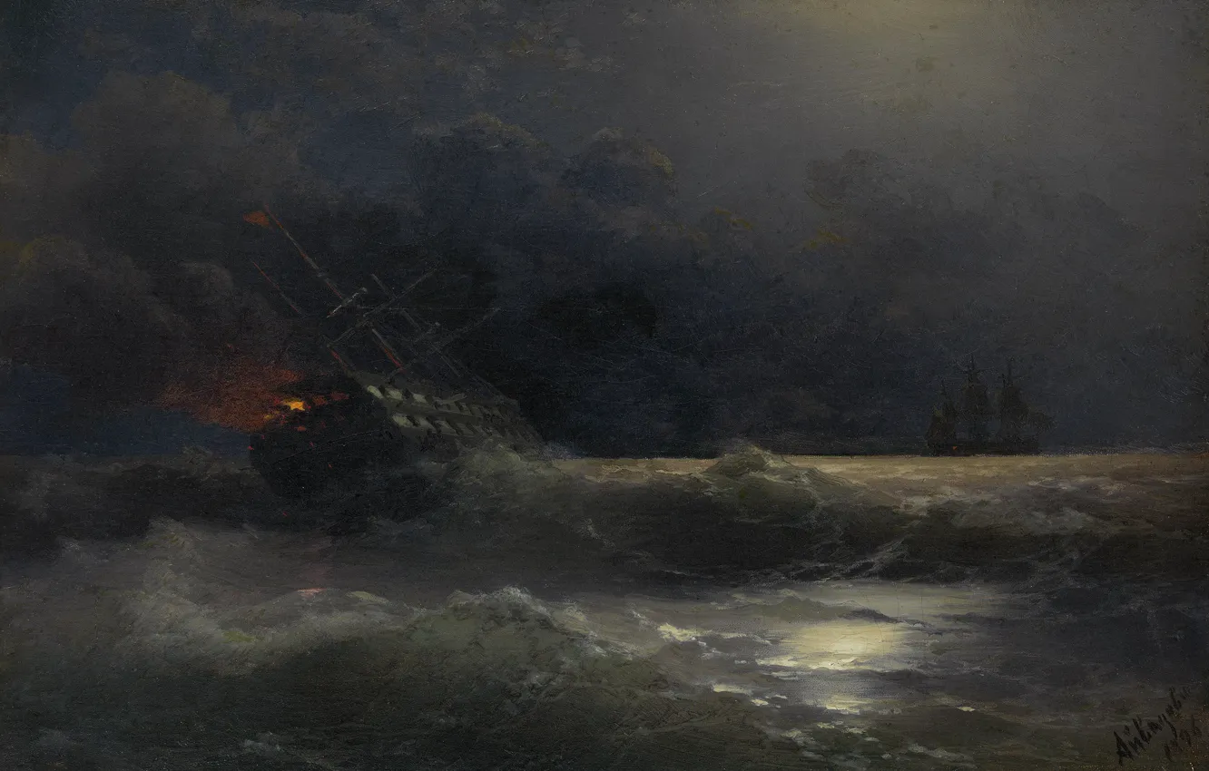 Photo wallpaper picture, seascape, Ivan Aivazovsky, Burning Ship