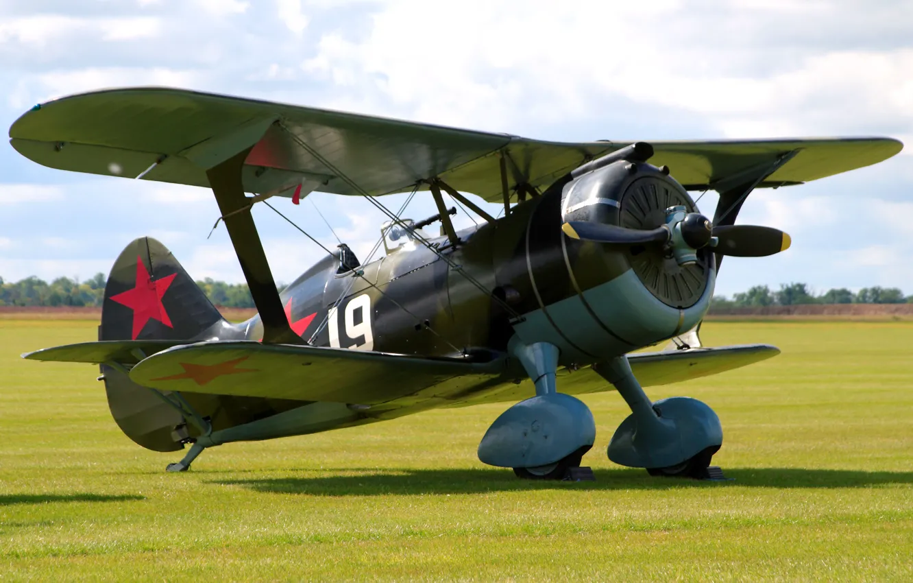 Photo wallpaper field, the sky, grass, fighter, Soviet, single-engine, I-15 bis