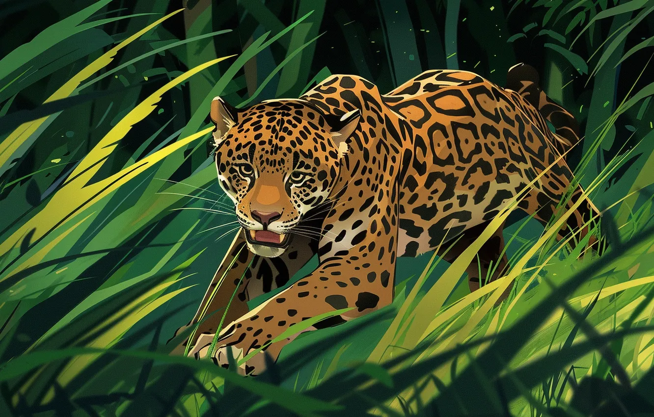 Photo wallpaper Grass, Jaguar, Predator, Jungle, Digital art, Big cat, AI art, The Art of Artificial Intelligence