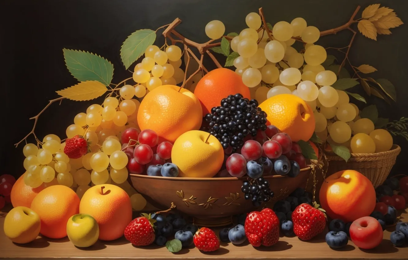 Photo wallpaper leaves, light, berries, table, apples, orange, blueberries, strawberry