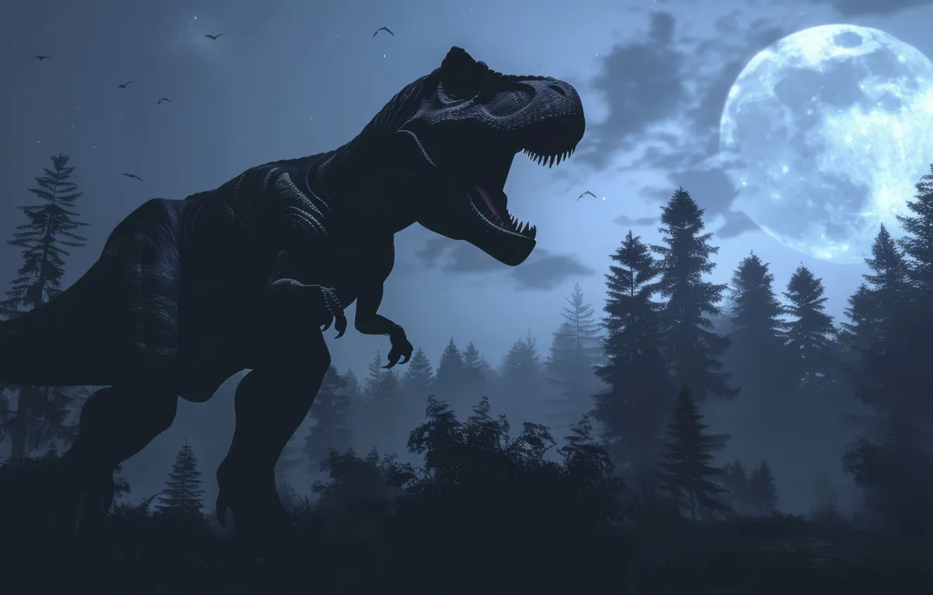 Photo wallpaper trees, night, animal, the moon, dinosaur, predator, the full moon, Tyrannosaurus