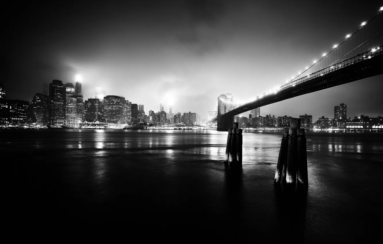 Photo wallpaper night, bridge, the city, black and white photo