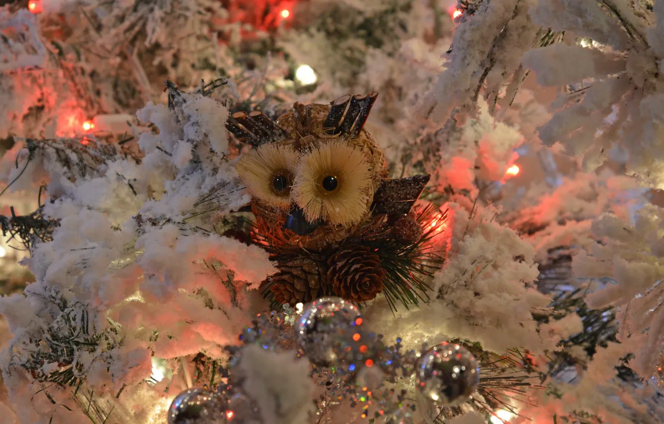 Photo wallpaper holiday, owl, toy, tree, new year