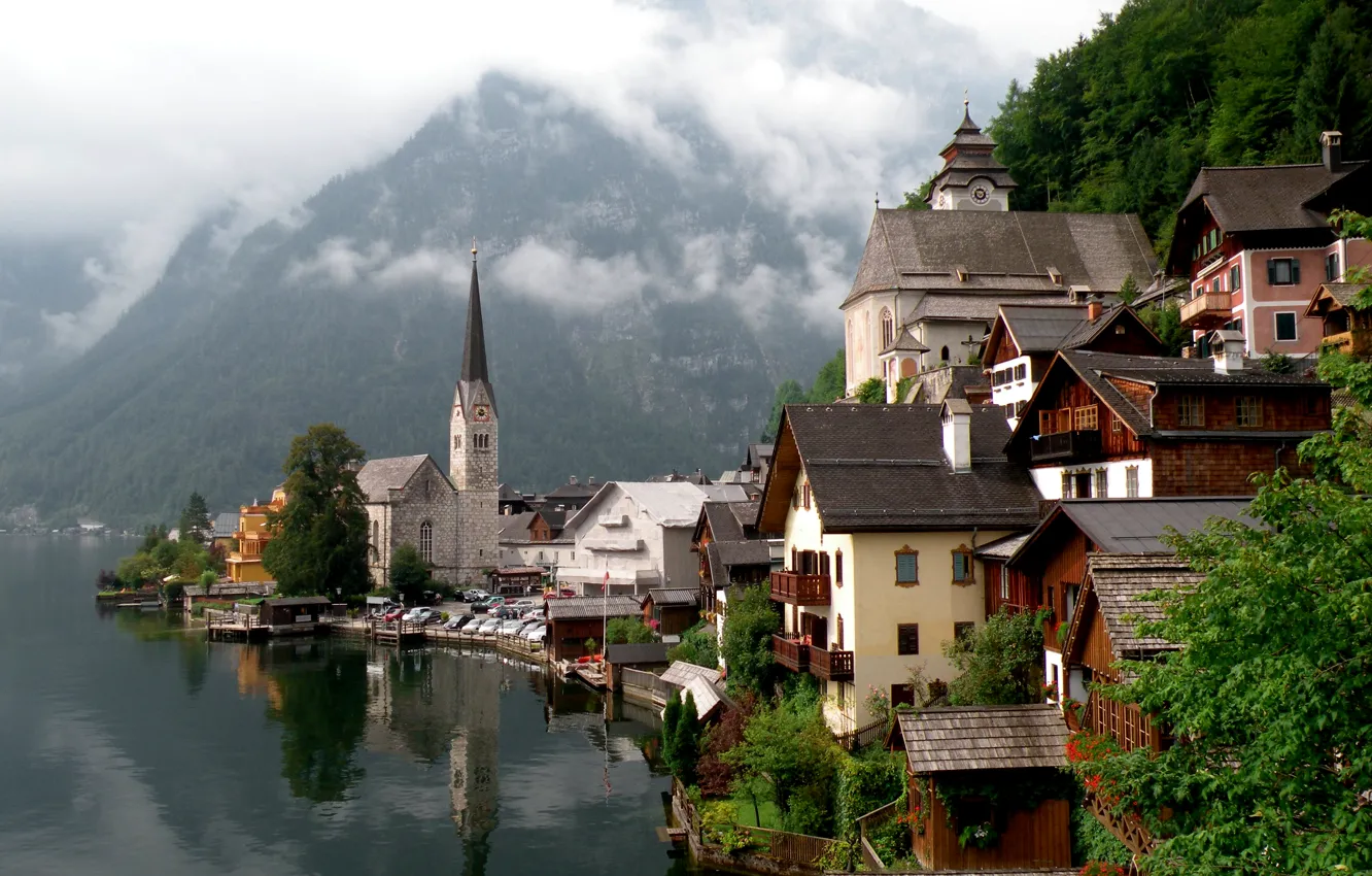 Photo wallpaper mountains, the city, home, Lake, Austria, Hallstatt, Hallstatt, Hallstatt