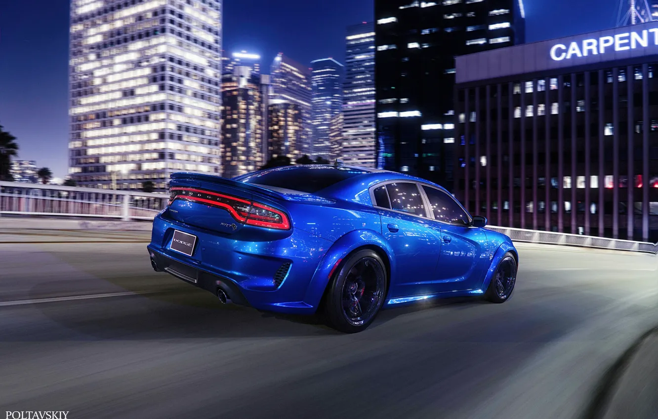 Photo wallpaper car, machine, auto, blue, the city, rendering, Dodge, sports car