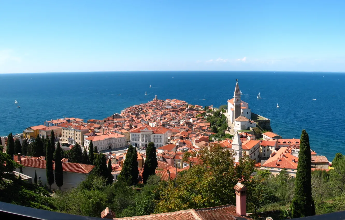 Photo wallpaper sea, the city, panorama, Slovenia, Jadran, Pirani
