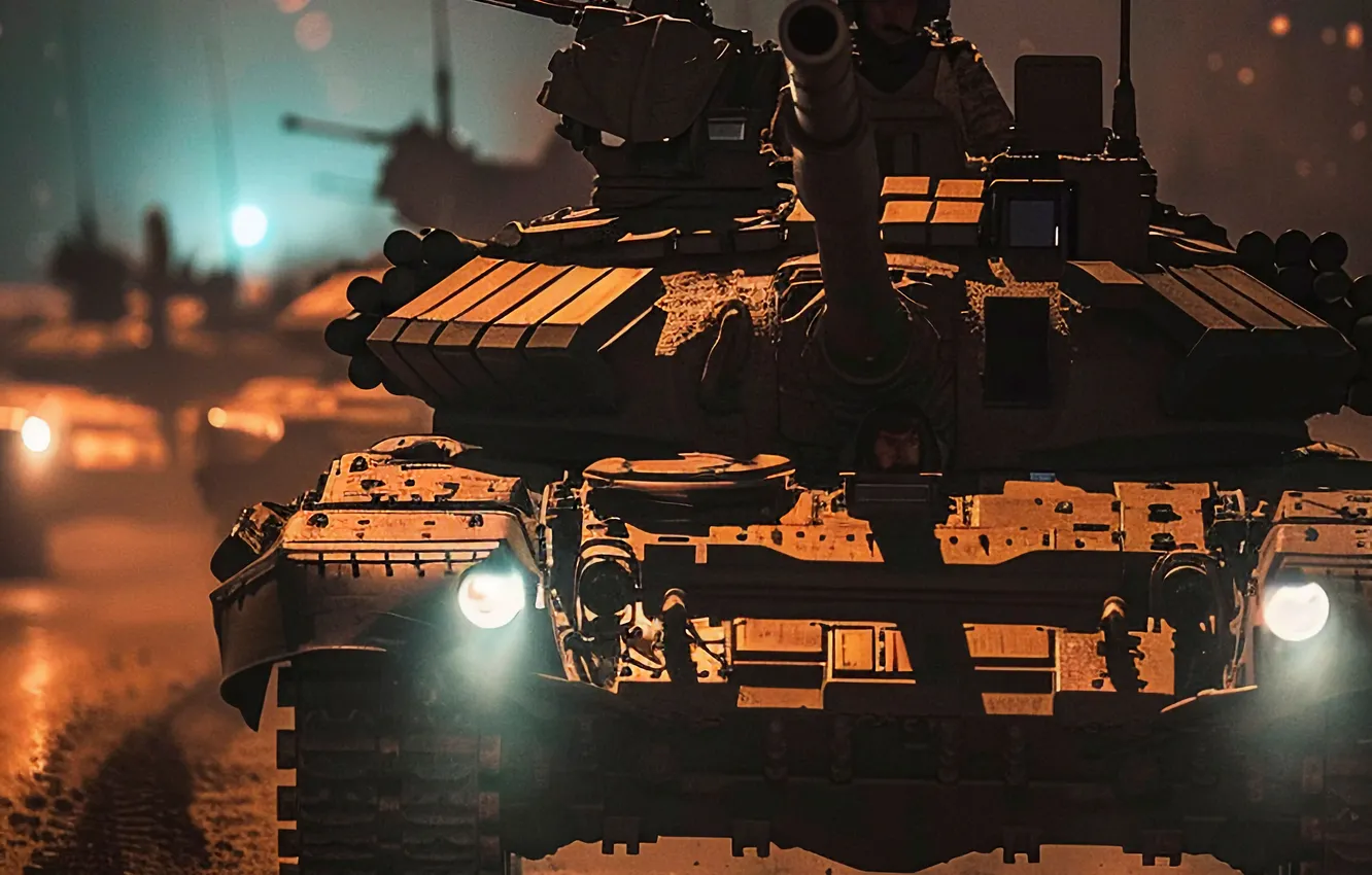 Photo wallpaper night, tank, trunk, camouflage, front, closeup, tankers, digital art