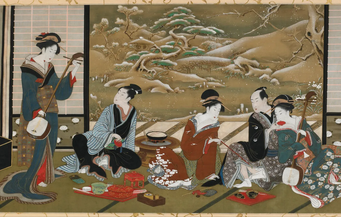 Photo wallpaper women, snow, trees, dishes, kimono, trees, men, snow