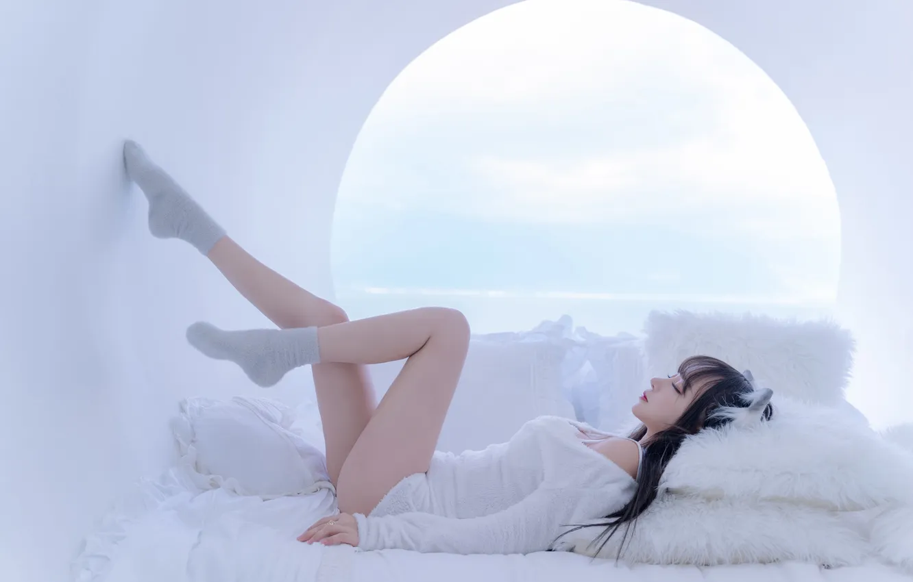 Photo wallpaper Asian, long hair, model, women, brunette, lying down, closed eyes, lying on back