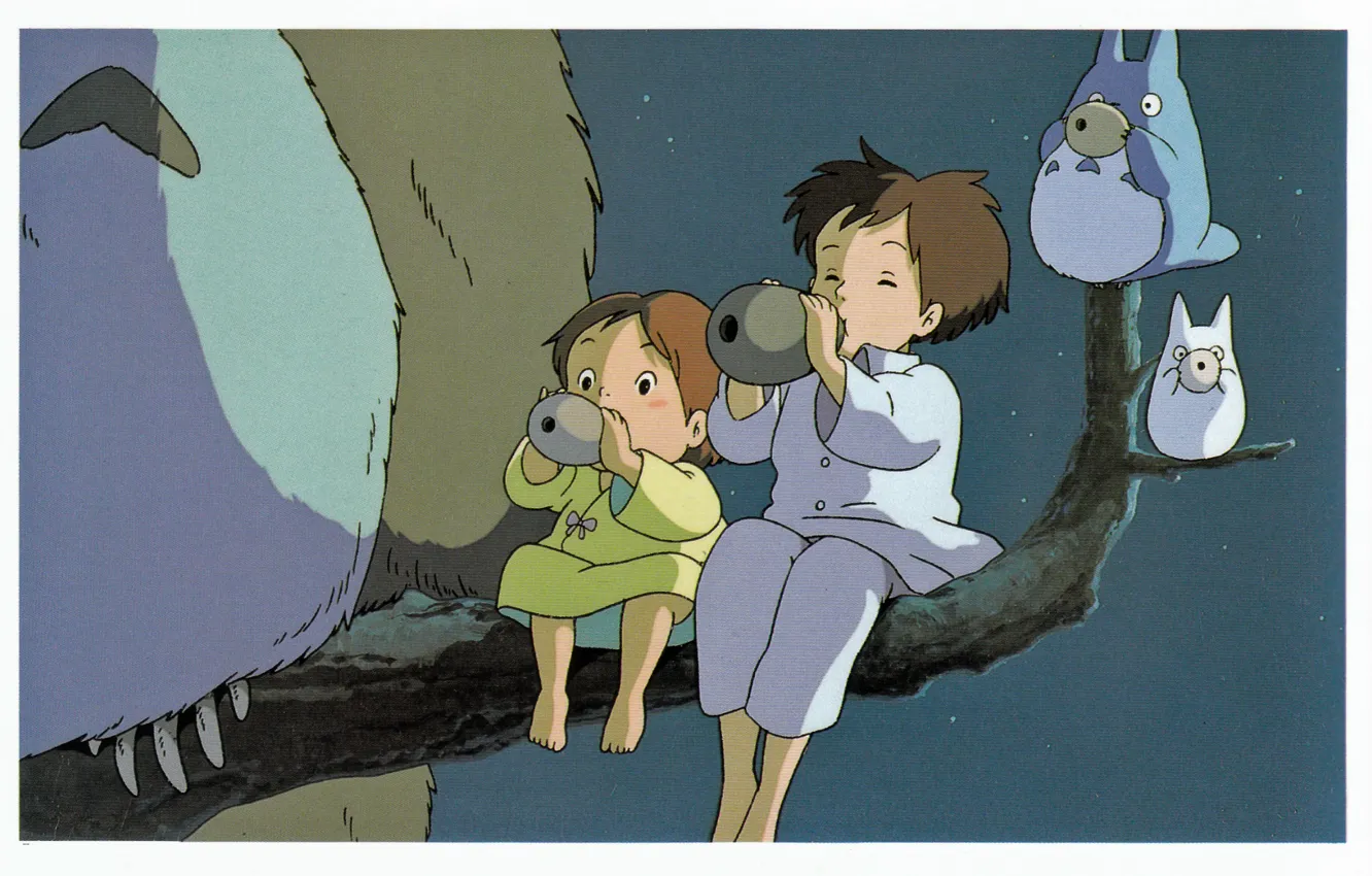Photo wallpaper night, branch, being, pajamas, sisters, my neighbor Totoro, tonari no totoro, satsuki kusakabe