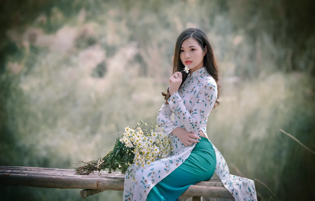 Photo wallpaper girl, flowers, dress, Asian, sitting, Vietnamese