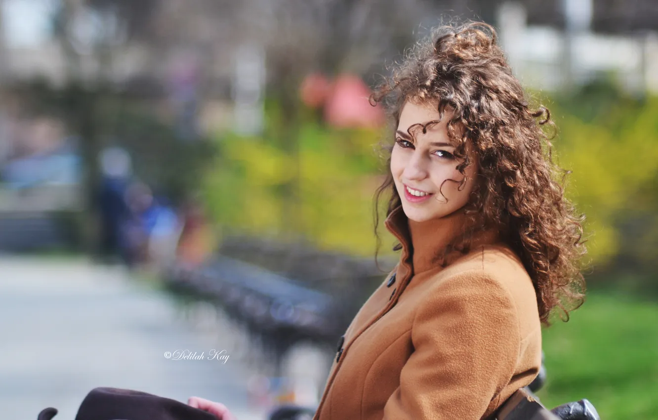 Photo wallpaper look, girl, smile, Park, the wind, spring, curls, brown hair