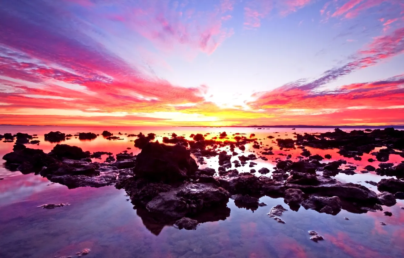 Photo wallpaper sea, the sky, clouds, sunset, stones