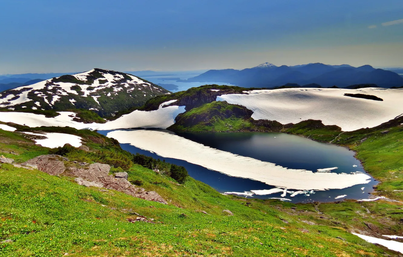 Photo wallpaper ice, greens, snow, mountains, lake, hills, height