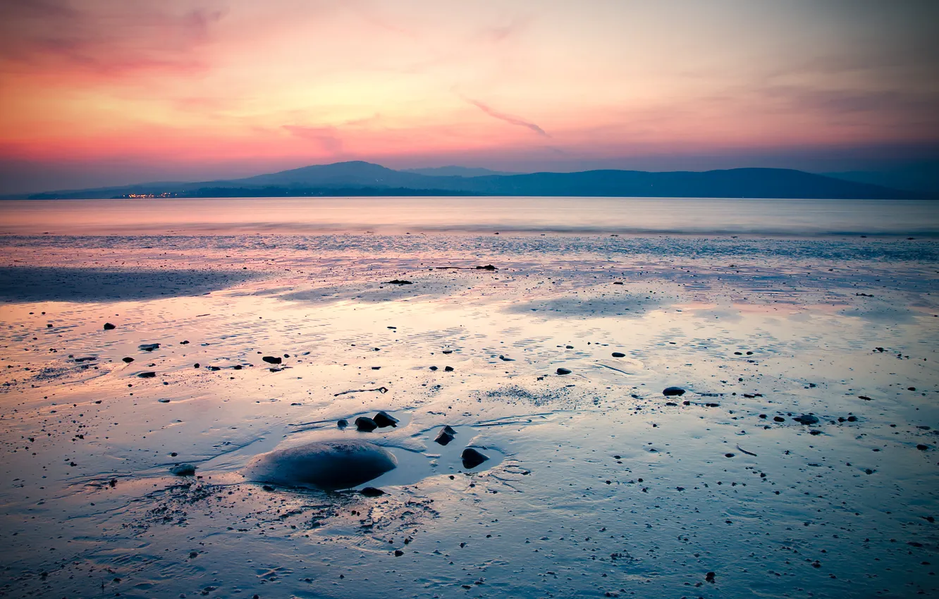 Photo wallpaper BACKGROUND, SEA, MOUNTAINS, HORIZON, SAND, SUNSET, SHORE, WALLPAPERS