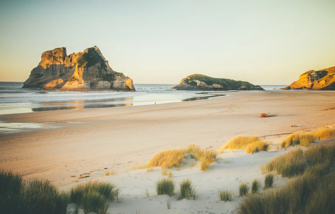 Photo wallpaper sea, wave, beach, the sky, grass, rocks