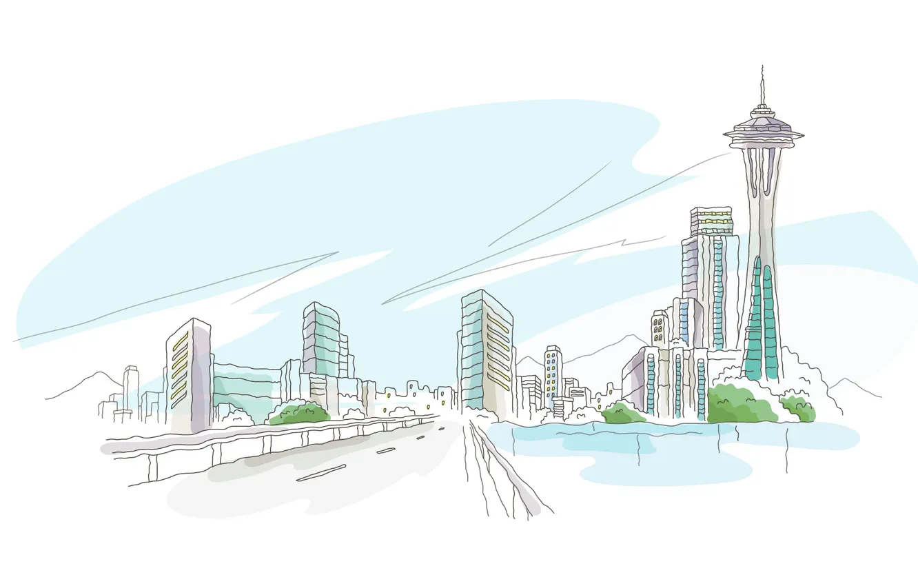 Photo wallpaper white background, vector, hand-drawn city