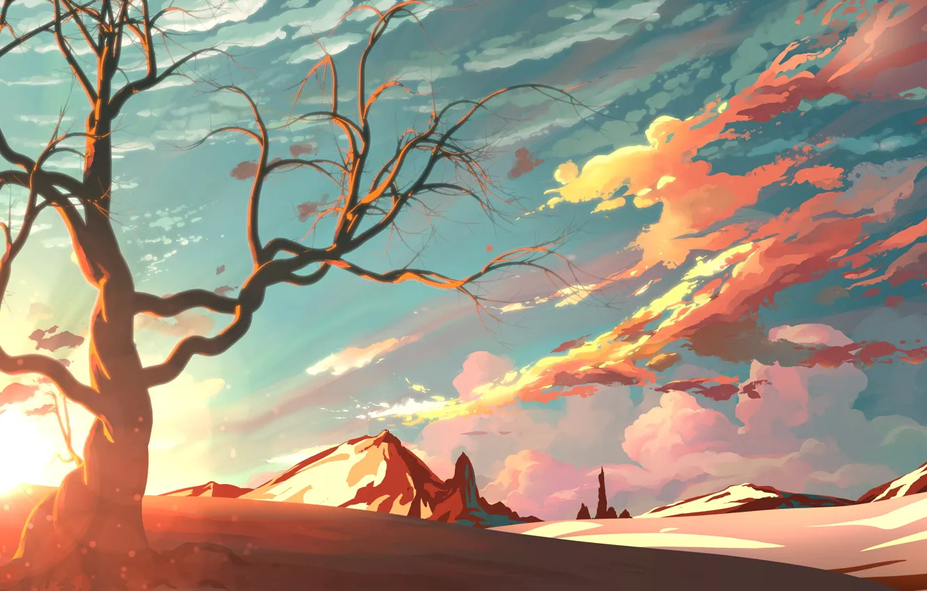 Photo wallpaper the sky, trees, mountains, painting, art, beautiful pictures