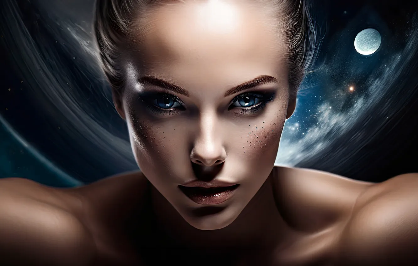 Photo wallpaper the sky, look, girl, light, flight, night, face, the moon