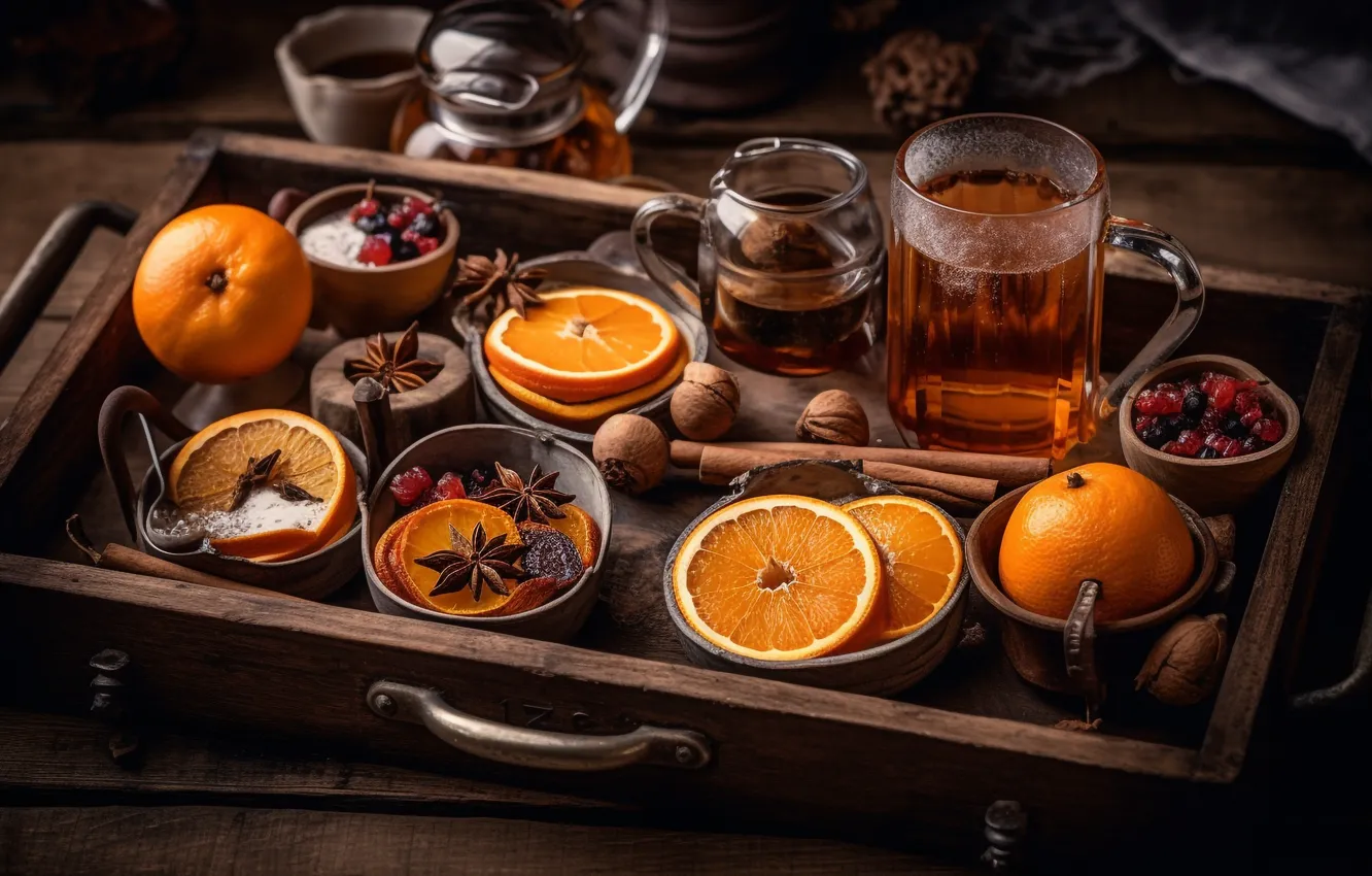 Photo wallpaper table, orange, food, mug, still life, box, cinnamon, slices