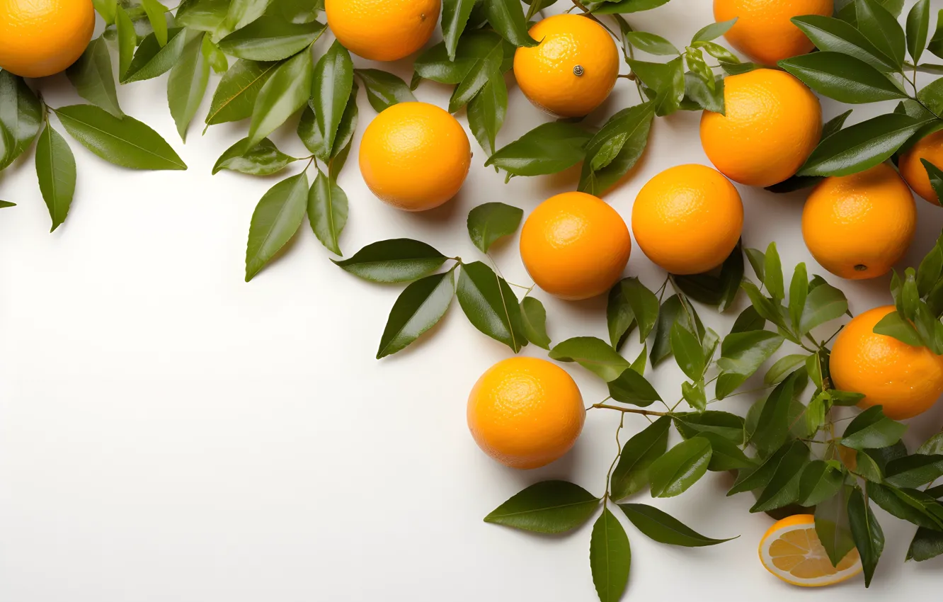 Photo wallpaper leaves, branches, orange, fruit, white background, citrus, fruit, placer