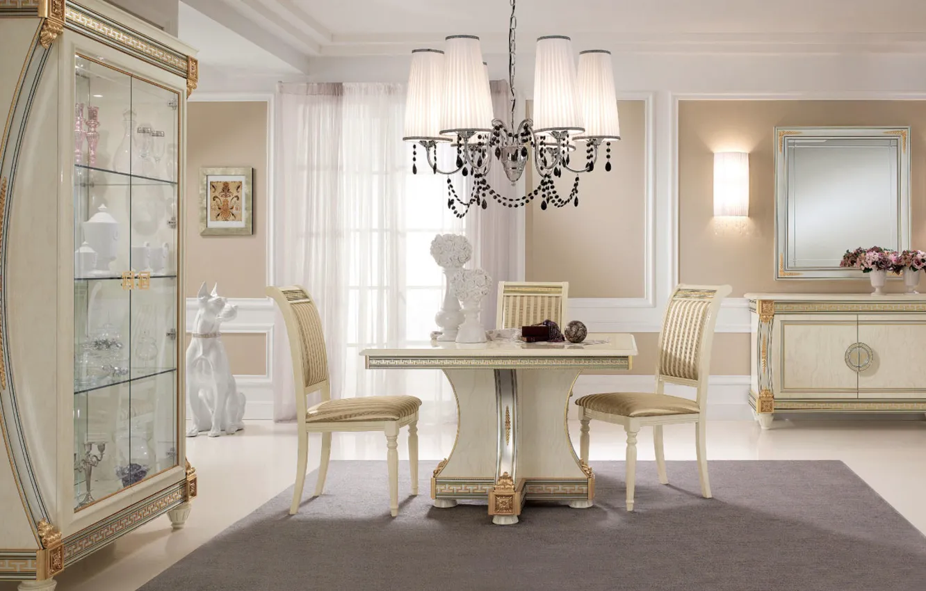 Photo wallpaper table, furniture, home, interior, chair, chandelier, luxury, living room