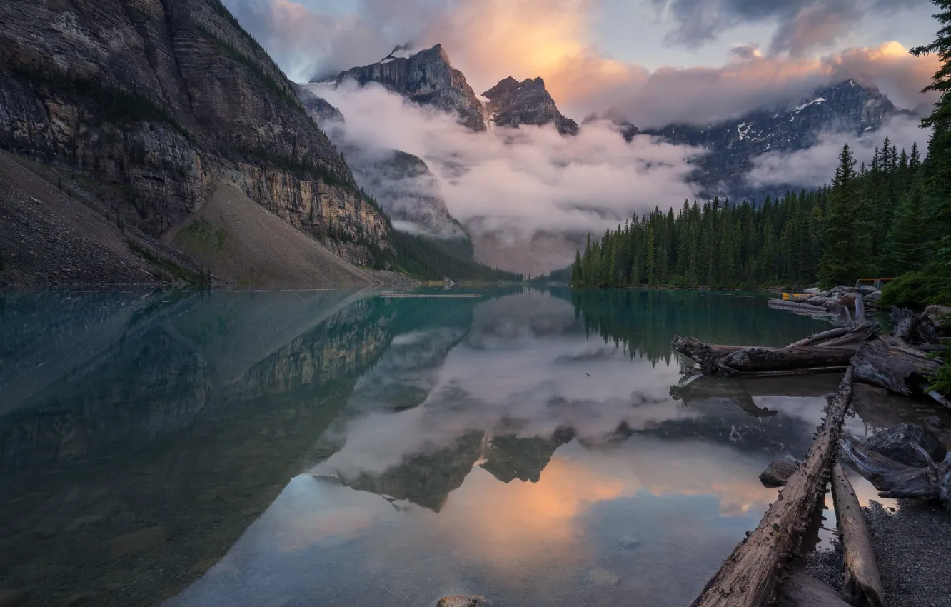 Photo wallpaper clouds, mountains, lake