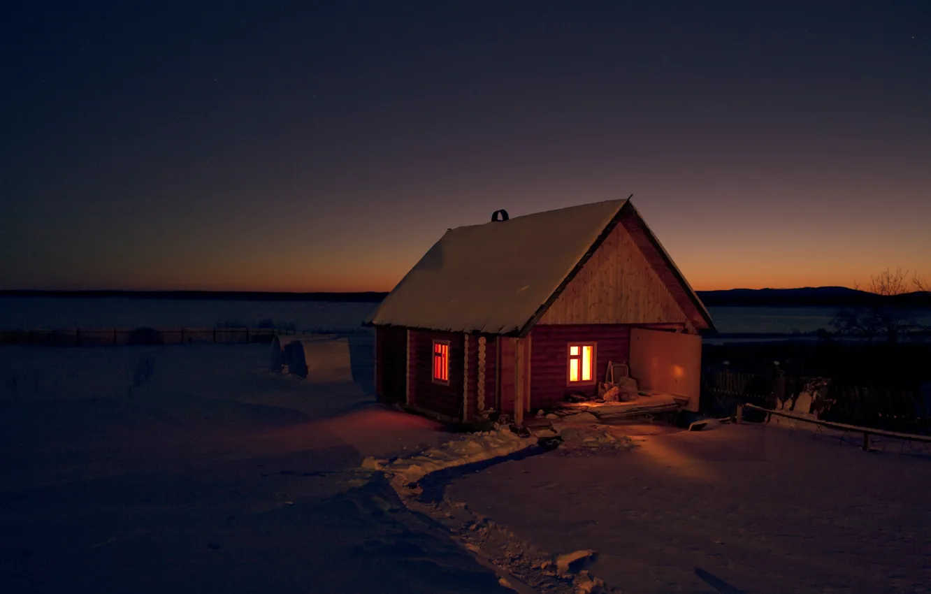 Photo wallpaper winter, field, snow, night, nature, house, darkness, Wallpaper