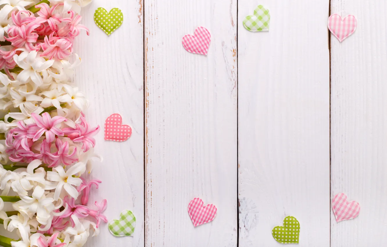 Photo wallpaper flowers, hearts, wooden background, hyacinths