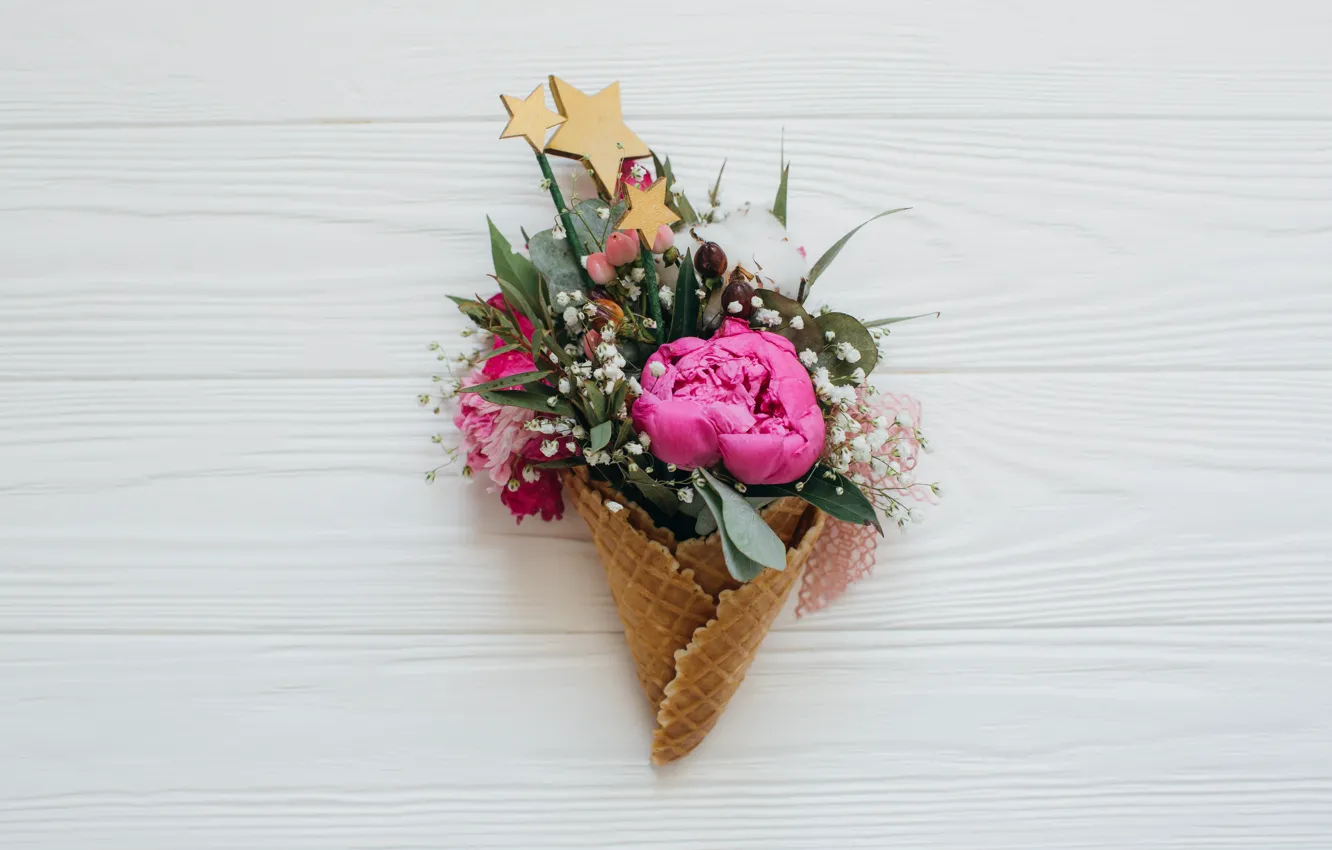 Photo wallpaper peonies, flowers, waffle cone, bouquet