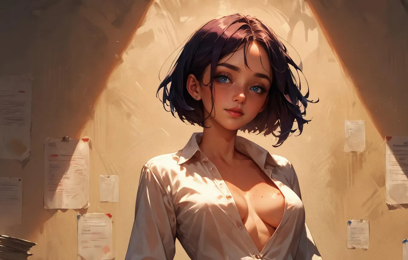 Photo wallpaper look, digital art, digital art, white blouse, female portrait, AI art, Stability AI, Neural networks