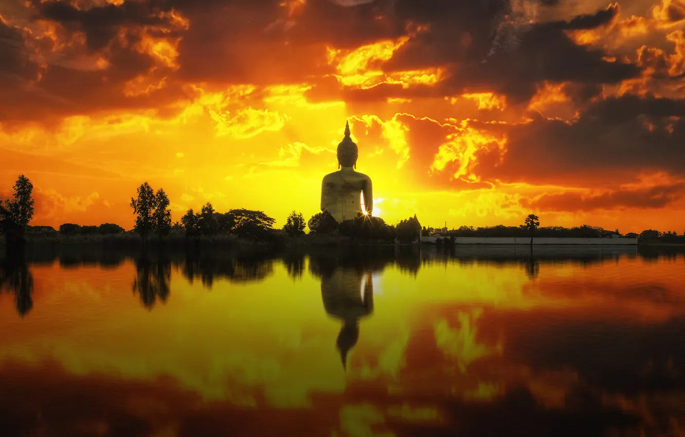 Photo wallpaper the sky, clouds, sunset, lake, reflection, fire, mirror, Buddha