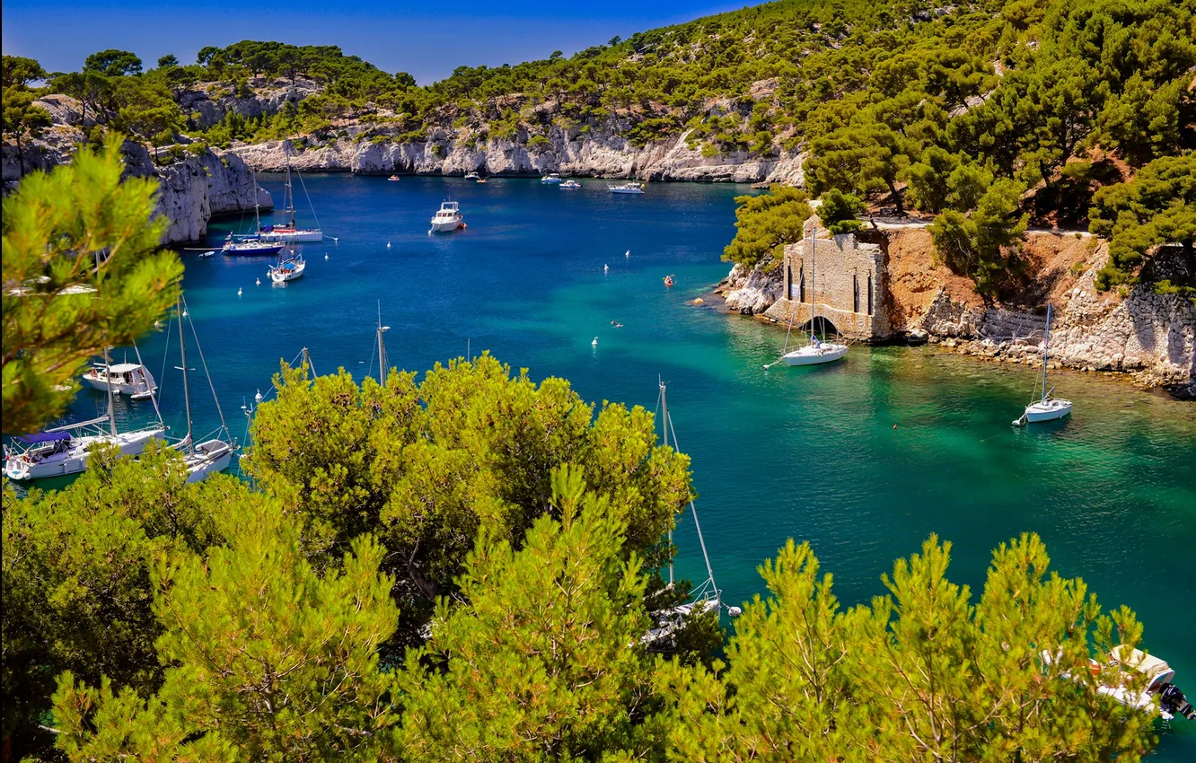 Photo wallpaper trees, rocks, boat, France, Bay, yacht