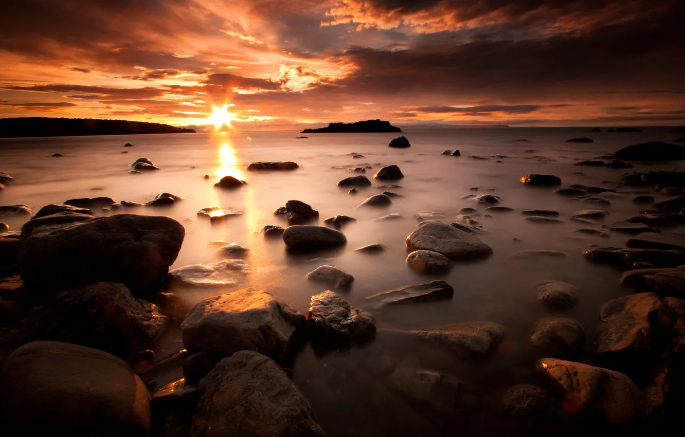 Photo wallpaper water, the sun, rays, light, landscape, sunset, nature, stones