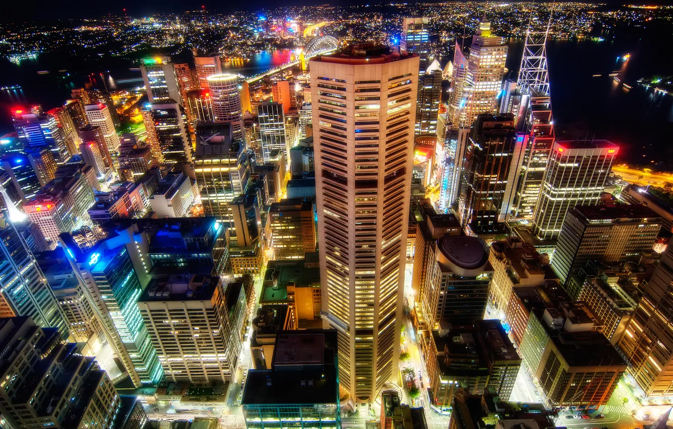 Photo wallpaper night, the city, lights, building, Sydney, megapolis, the view from the top, Sydney