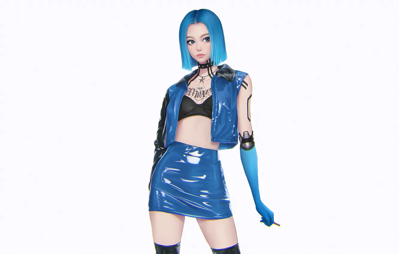 Photo wallpaper blue eyes, artwork, drawing, jacket, anime girls, simple background, blue hair, miniskirt