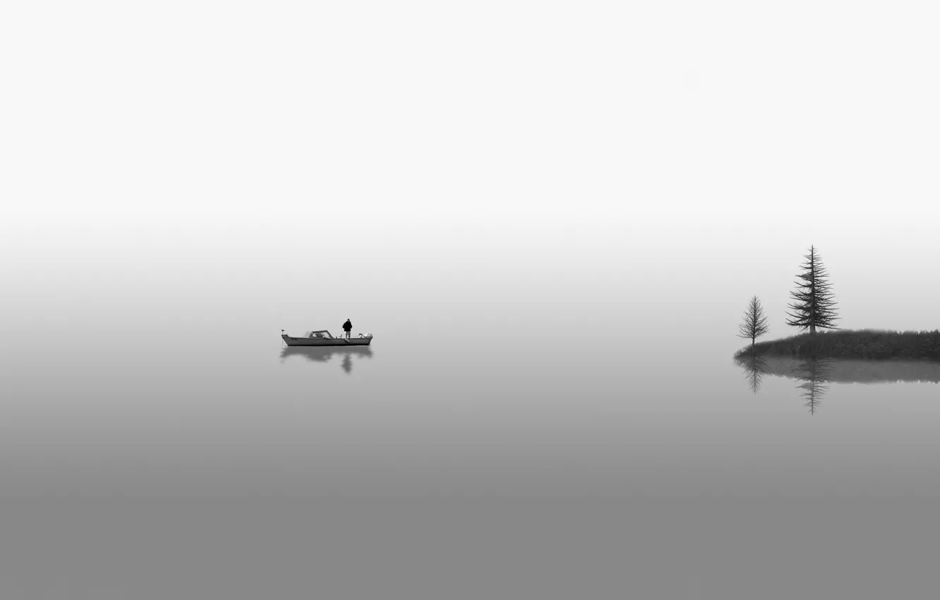 Photo wallpaper trees, lake, boat