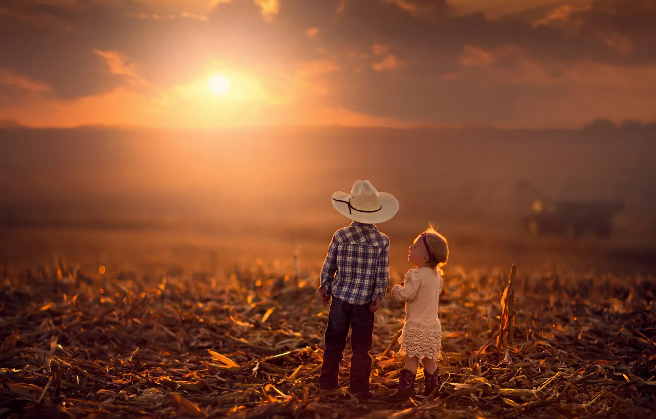 Photo wallpaper the sun, sunset, children, boy, horizon, girl, field.autumn