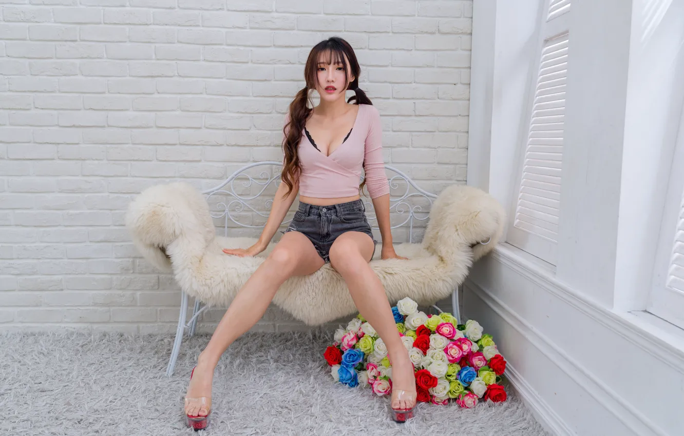Photo wallpaper look, girl, feet, shorts, blouse, Asian, ponytail