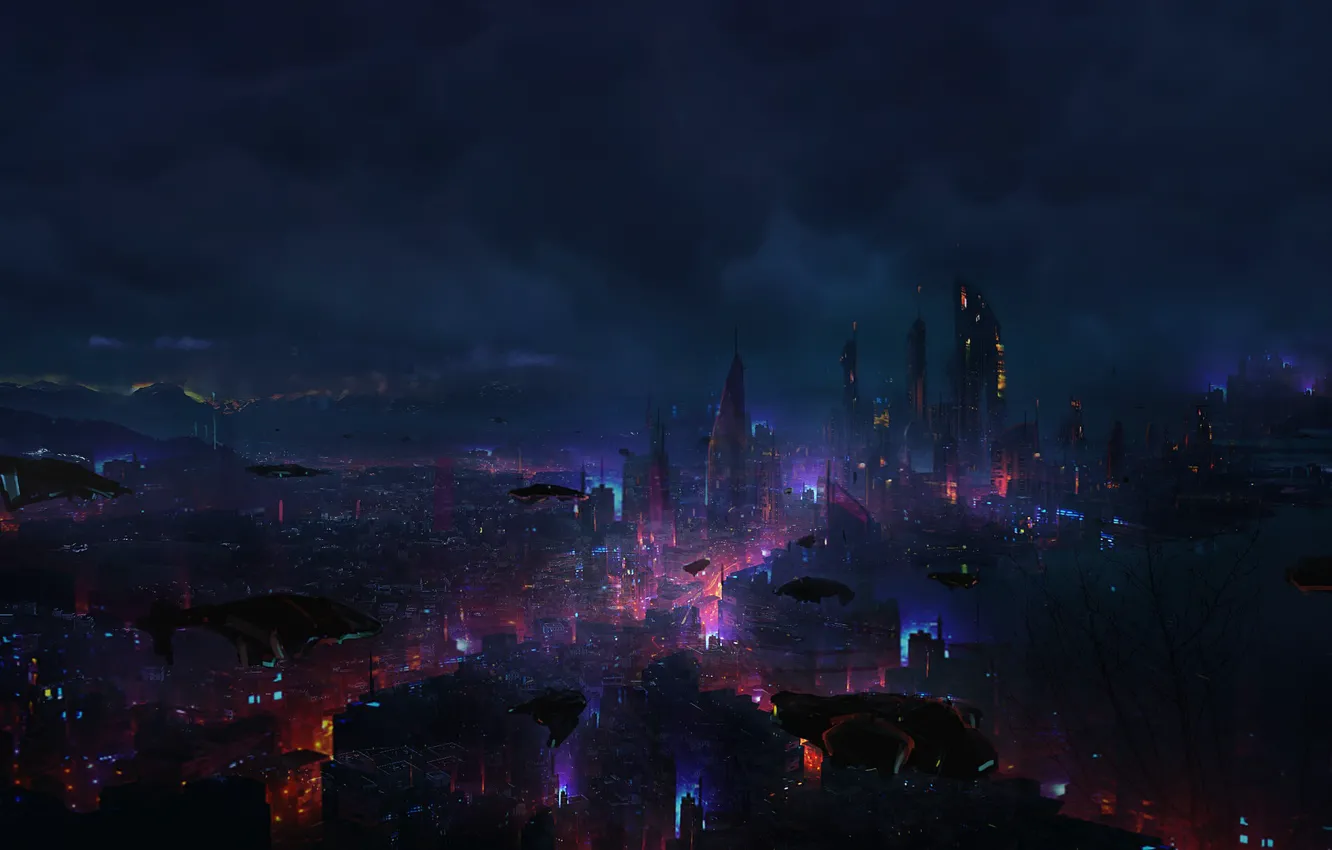 Photo wallpaper machine, night, clouds, city, the city, future, fiction, transport