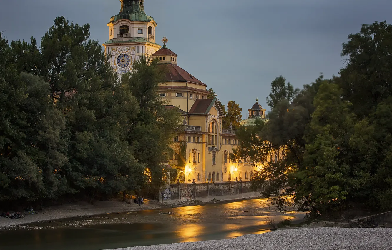 Photo wallpaper trees, the city, river, the building, the evening, Germany, Munich, lighting