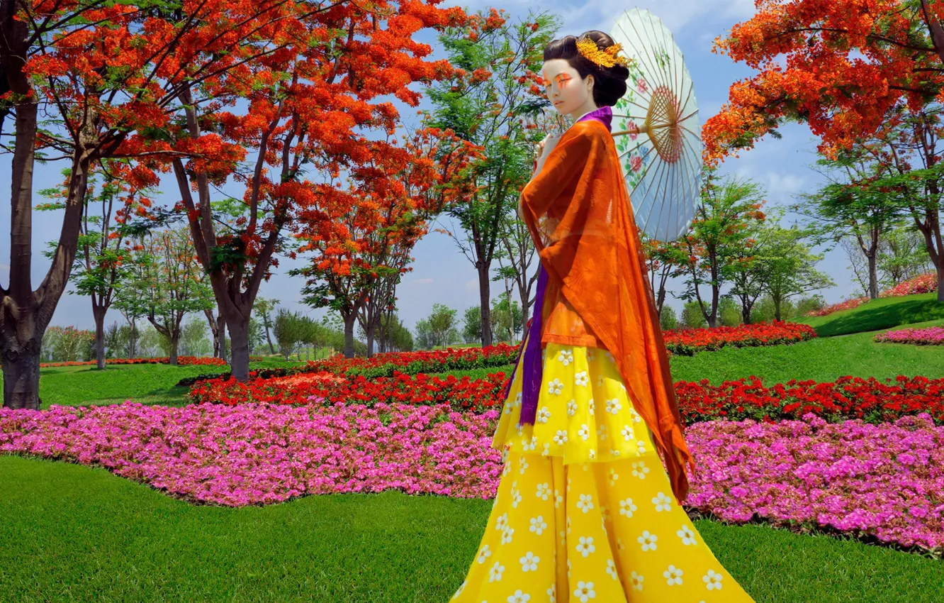 Photo wallpaper girl, flowers, model, umbrella, Japan, garden, fashion