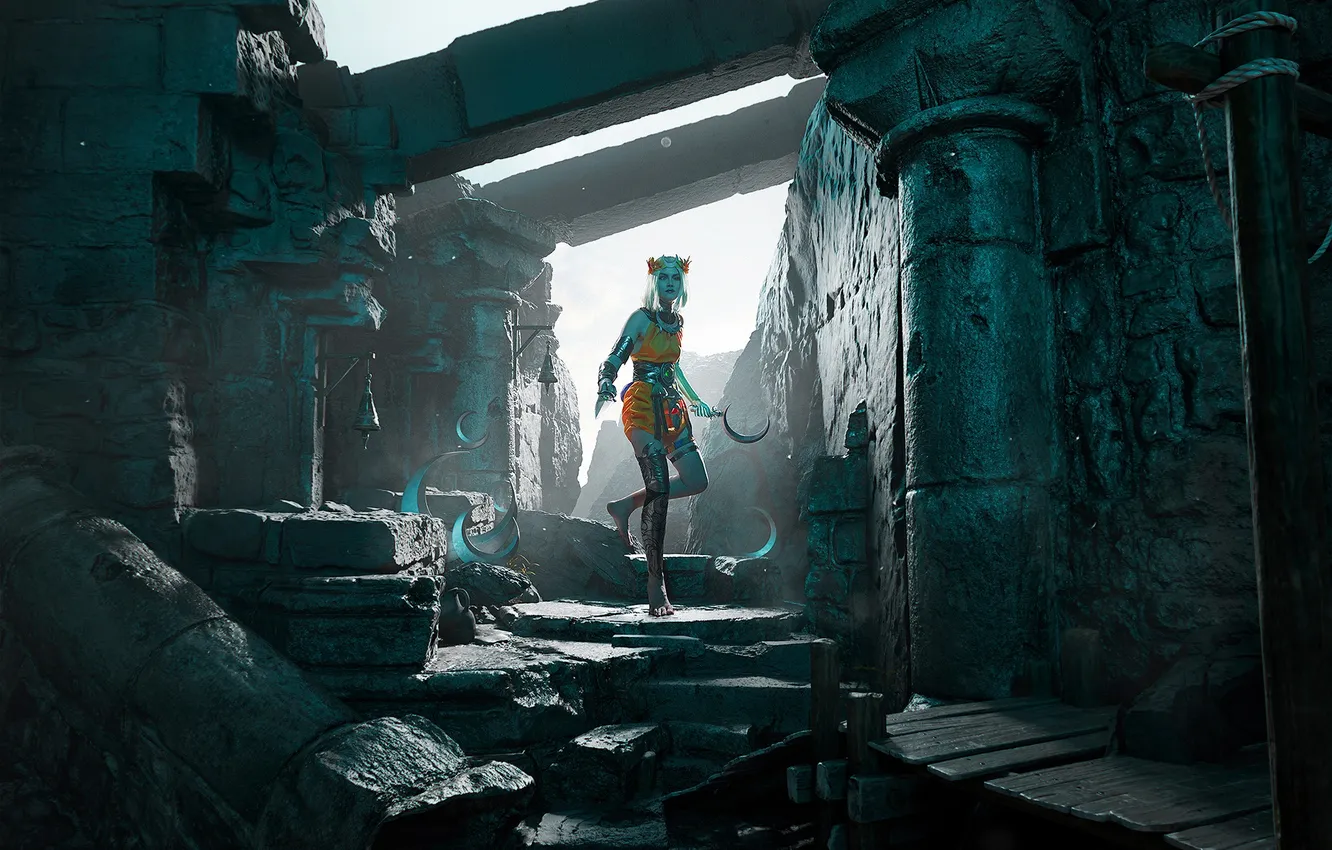 Photo wallpaper the game, a month, costume, dagger, ruins, hammer, the heroine, cosplay